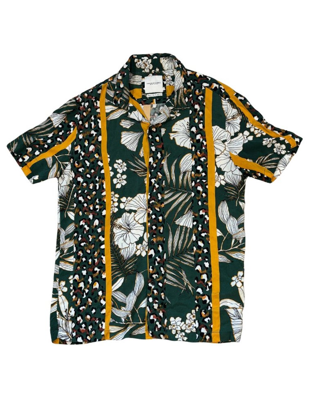 Denim & Flower Resort Shirt Green Floral Leopard Camp Collar Medium